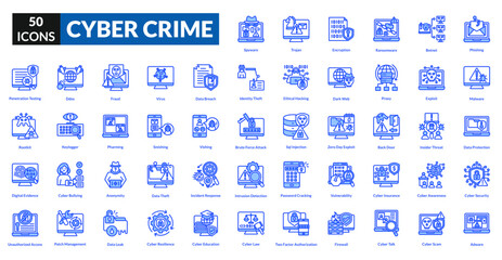 Cyber crime blue icon collection set. Includes hacker, malware, phishing, ransomware, spyware, breach, fraud, firewall, encryption, password, identity, scam, virus, threat, surveillance
