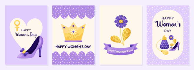 March 8 Happy Women's Day Cards collection. 4 Simple cute greeting card in purple tones. Vector illustration.