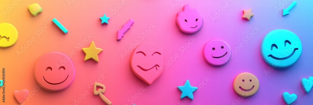 Aufkleber colorful smiley faces and shapes scattered on a gradient background with vibrant hues showcasing pla