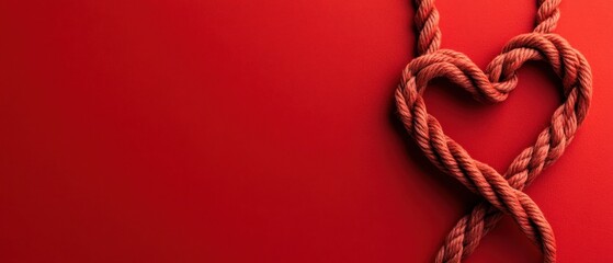 Romantic red heart shape made of rope on red background Concept of love, relationship, valentines day, and romantic gift with copy space