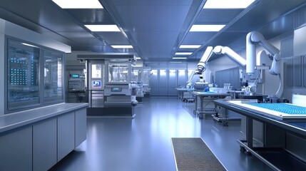 Obraz premium High-tech cleanroom with robotic arms and advanced machinery for pharmaceutical or microchip manufacturing.