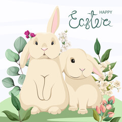 A holiday card with cute Easter bunnies. Vector illustration