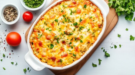 Freshly Steamed Egg Frittata (Omelette) in Rectangular Baker on Dining Table Top Photo.