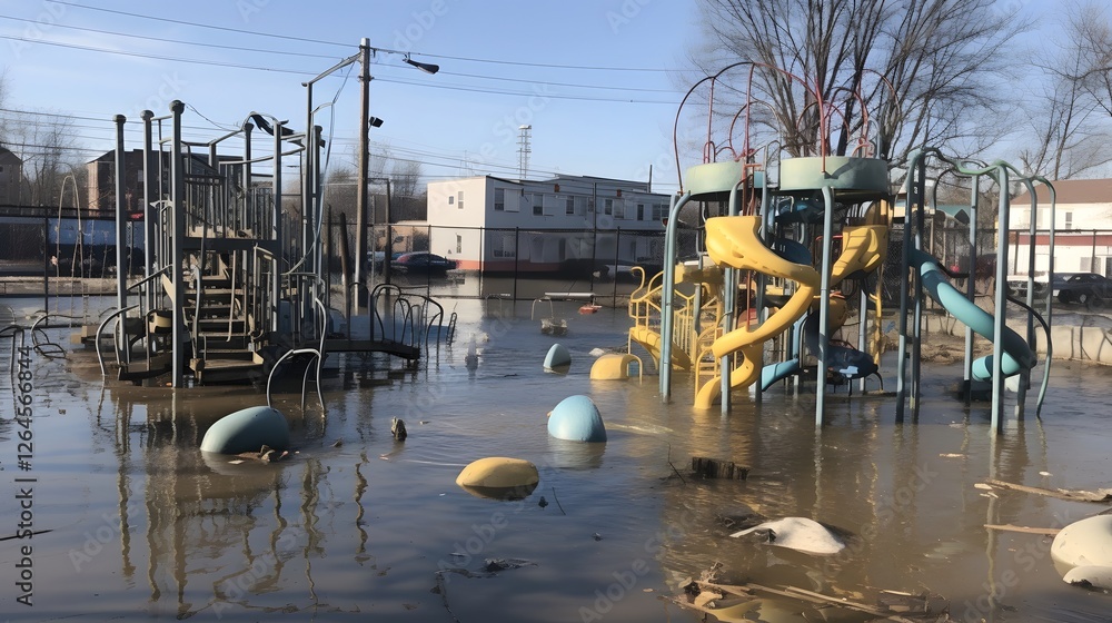 Poster flooded schoolyard with playground equipment barely above the water after a heavy rainfall event the