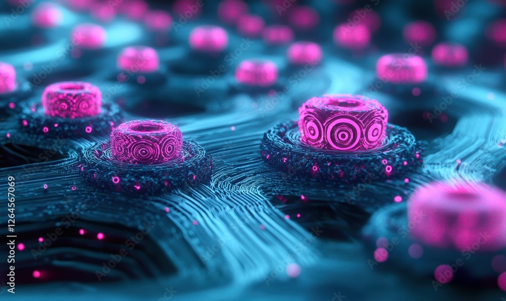 Poster microscopic techno array pattern with pink lighting, technology future background