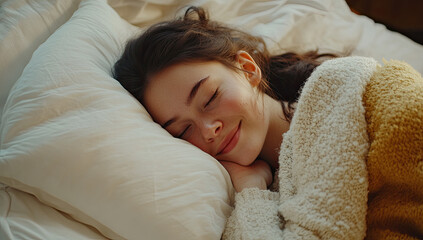 A young woman peacefully sleeping on a bed, radiating calm and contentment.