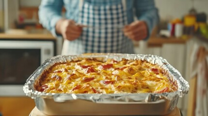 Chef Preparing Lasagna Baked Platter in Kitchen, Closeup Photo.Fictional Character Created By Generative AI