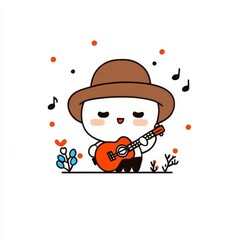 Fototapeta premium Cute Cartoon Character Playing Guitar With Brown Hat