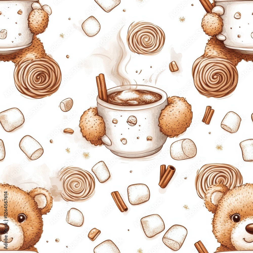 Aufkleber Warm and cozy teddy bears enjoying hot cocoa with marshmallows and cinnamon sticks in a playful design. Generative AI