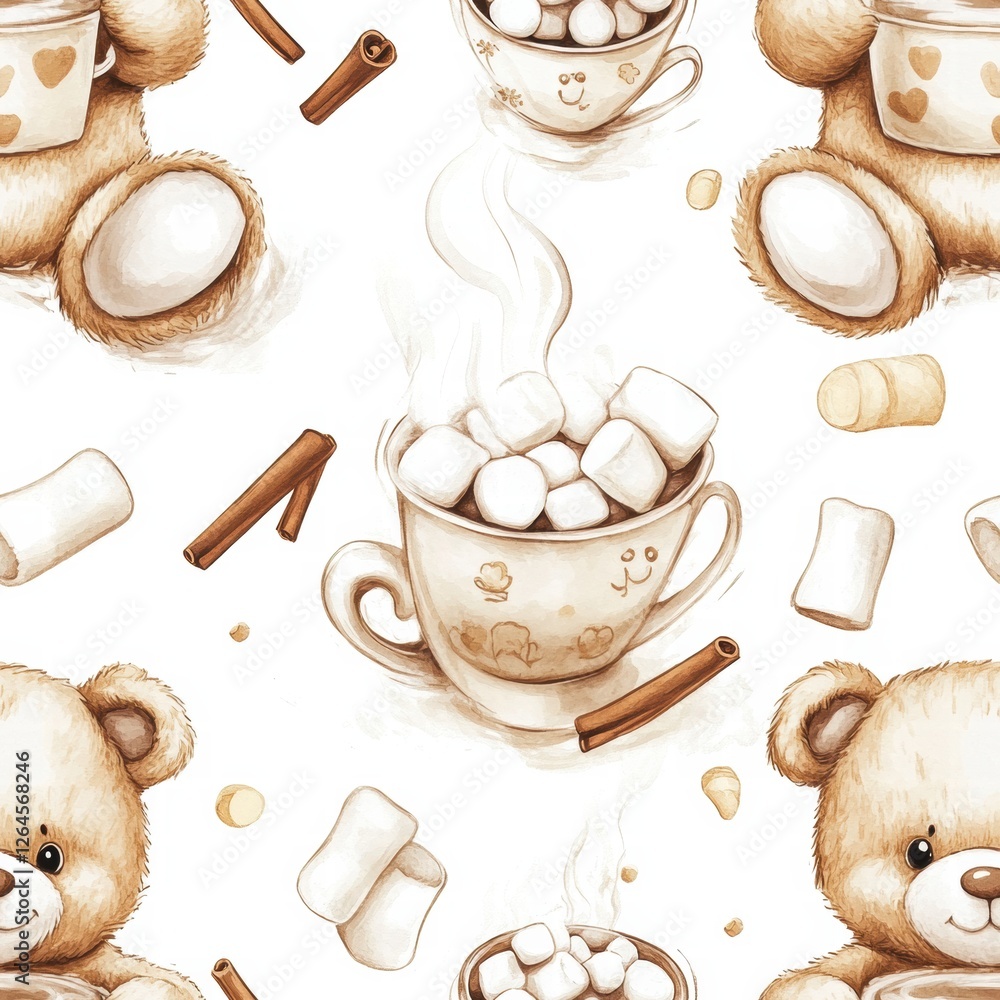 Aufkleber cute teddy bears and steaming cups with marshmallows create a cozy winter pattern suitable for vario