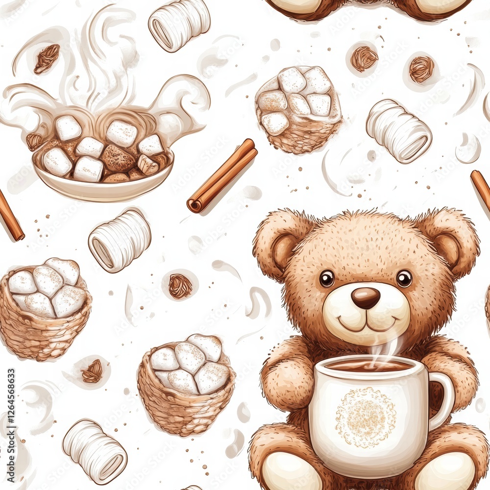 Aufkleber warm teddy bear enjoying a cozy moment with hot cocoa and marshmallows in a playful pattern. generat