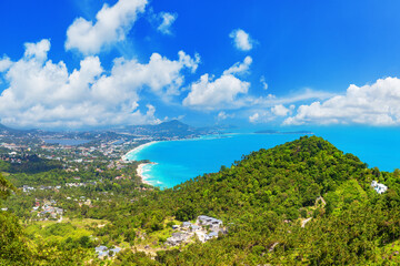 Koh Samui landscape, tropical island sea beach aerial panoramic top view, ocean panorama from...