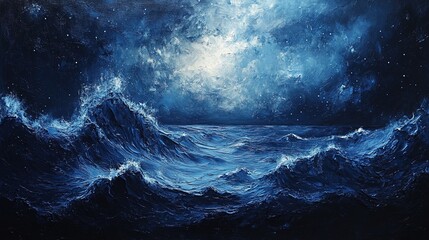Abstract painting of ocean waves blending into a starry sky 