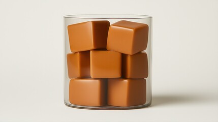 A glass jar filled with smooth, brown caramel cubes, neatly stacked for an appealing display against a light backdrop.