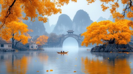 Autumn Serenity: A Picturesque Chinese Village Reflecting on a Misty Lake