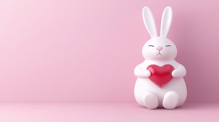 Obraz premium Cute White Rabbit Holding Red Heart on Pink Background