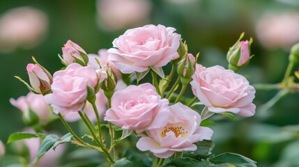 Obraz premium Pink roses in bloom with buds in a garden, symbolizing love and beauty in nature, perfect for floral design and spring-themed projects.