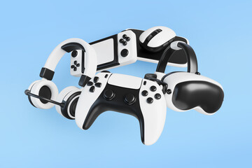 3d video games on blue background. Flying joystick, vr glasses, headphones, game console and computer mouse. Realistic render of electronic gamer gadgets, digital technology banner. 3D illustration © marozhkastudio