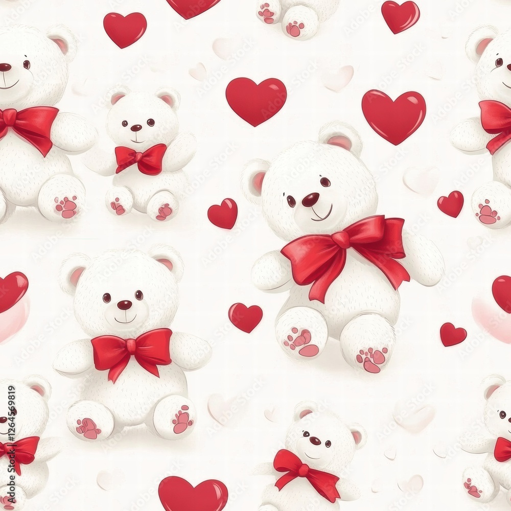 Aufkleber soft teddy bears with red bows on white background create a playful and cheerful pattern for festive
