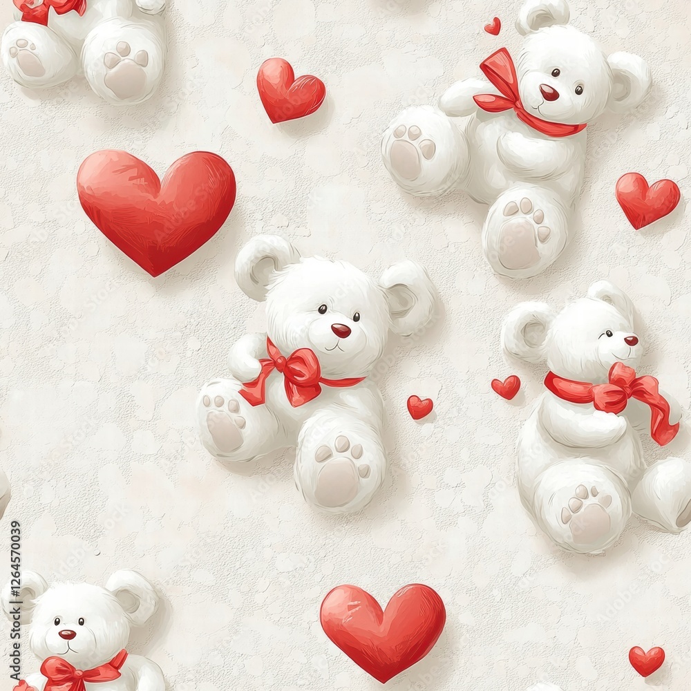 Poster cute white teddy bears with red hearts on a light background create a playful and warm design for fe
