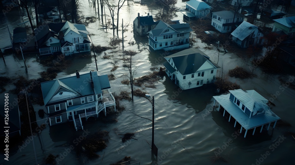 Poster aerial drone view capturing the extensive flooding and devastation of a city with vast areas of the 