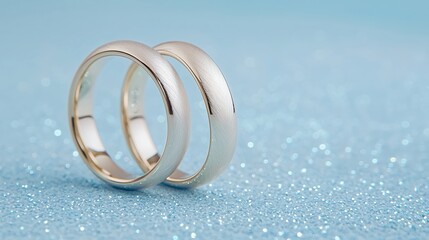 Elegant Wedding Rings On Light Blue Glitter Background