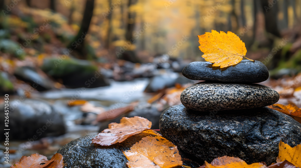 Poster stacked stones with a yellow leaf in a serene autumn forest setting