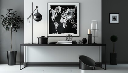 Modern interior with black and white poster map, sleek console table, stylish lamp, and minimalist accessories.