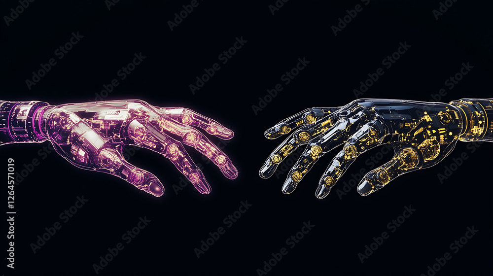 Aufkleber robotic hands touching in cybernetic connection illustration on dark backdrop of futuristic technolo