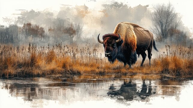 Majestic bison standing by a tranquil lake at sunrise, surrounded by misty grasslands and trees