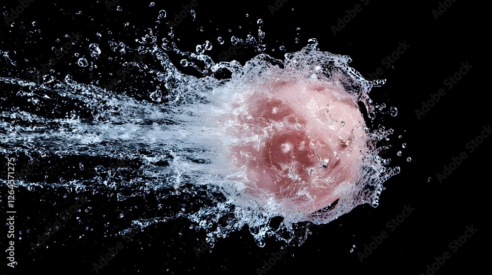 Poster a vibrant splash of water surrounding a pink object, creating dynamic movement on a black background