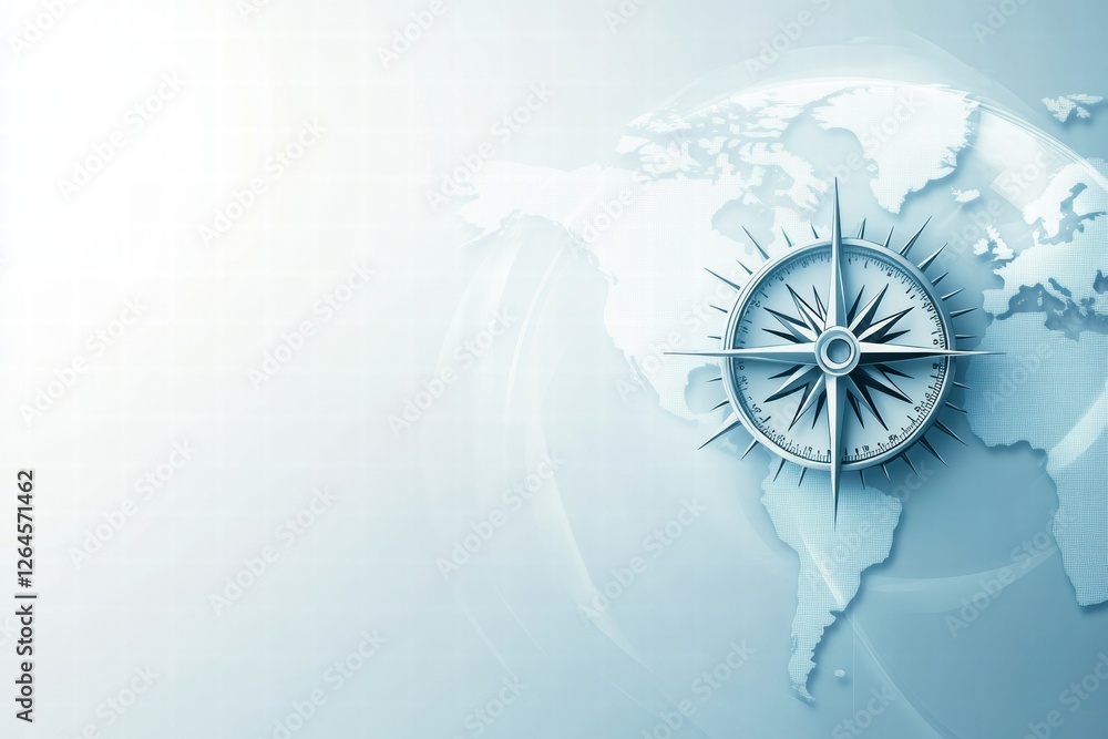 Poster detailed world map with compass indicating directions ideal for navigation and travel planning. gene