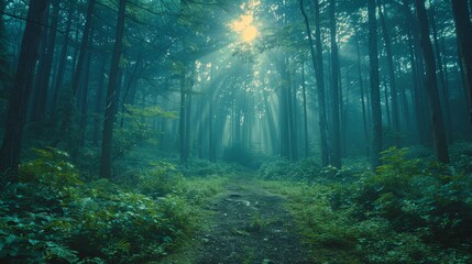 Obraz premium Sunlight breaking through trees in a serene green forest landscape