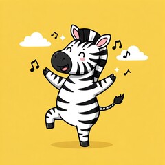 Happy Cartoon Zebra Dancing, Flat Vector Illustration, Light Yellow Background, Joyful Style, Suitable for Greeting Cards