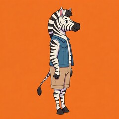 Cartoon Zebra in Jacket, Flat Vector Illustration, Orange Background, Urban Style, Suitable for Streetwear Designs