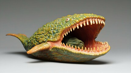 Fototapeta premium Green And Orange Ceramic Whale Sculpture With Open Mouth