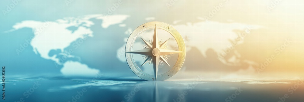 Poster compass positioned against a soft blue and golden world map backdrop. generative ai