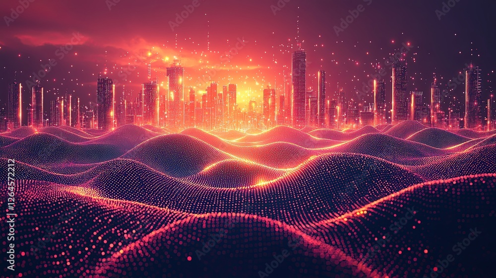 Poster futuristic smart city skyline with illuminated digital waves and data light points