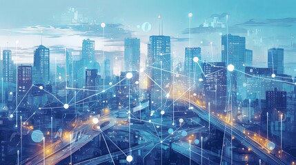 Obraz premium Digital representation of smart city with network connections and data flow