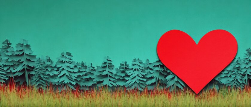 Paper cut out of a red heart in a forest landscape with green trees and grass Concept of love for nature, environmental awareness, and Valentines Day