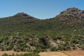 Mountain scenery full of green vegetation with clear blue sky