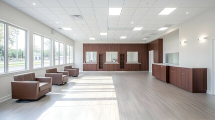 Fototapeta premium Bright Empty Waiting Room With Wood Paneling And Brown Chairs