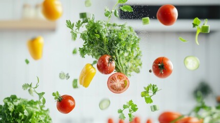 Vibrant vegetables like tomatoes, lettuce, and peppers hover in the air, capturing the essence of freshness in a bustling kitchen environment. The scene radiates health and vitality