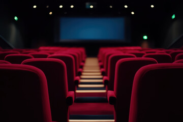 Obraz premium Cinema auditorium. Large modern hall with red chairs for watching movies