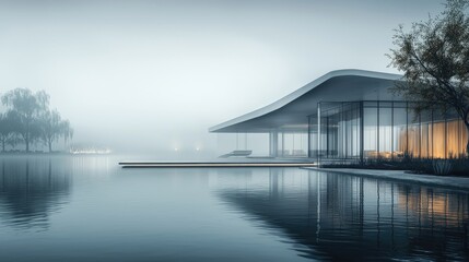 Fototapeta premium Serene Modern Lakeside Pavilion , Architectural Design in Misty Dawn