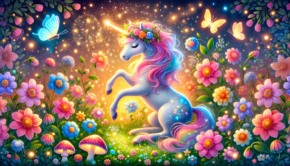 Naklejka premium Magisches Einhorn in einem Blumenwunderland