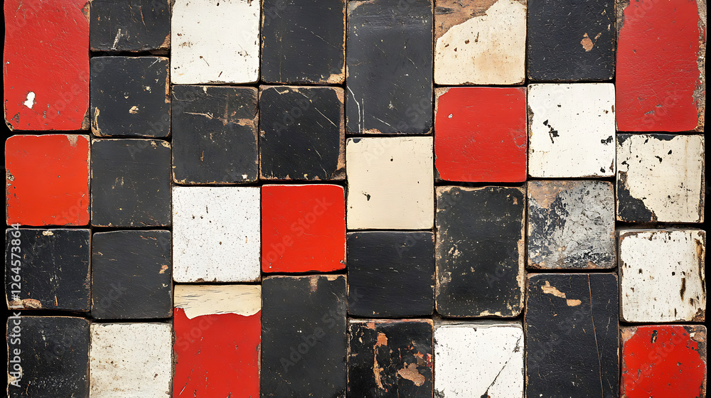 Poster rustic square tiles in alternating red white and black pattern with distressed aged finish decoratio