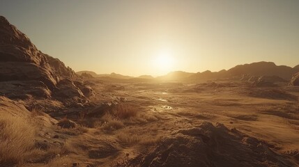 Naklejka premium Serene sunset over vast desert landscape with rocky formations and distant mountains