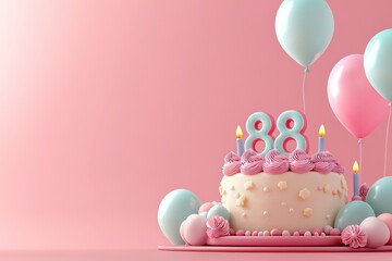 Number 88 birthday cake in 3D, pastel balloons, space for ads.