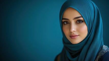 Fototapeta premium Ramadan Mubarak Arab Woman in Blue Hijab Posing for Photo, Holy Month of Islamic Festival.Fictional Character Created By Generative AI